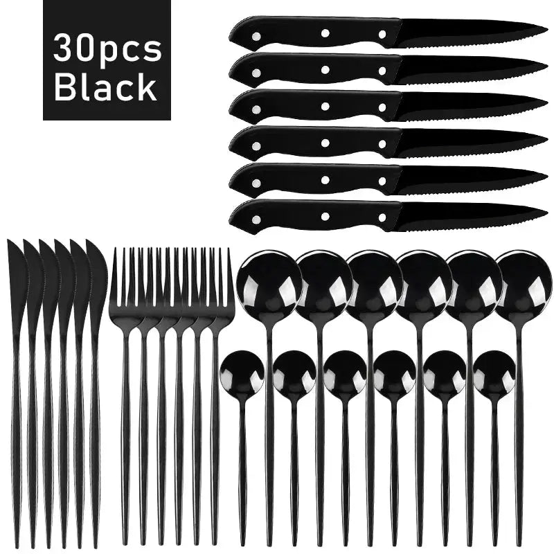 30pcs Black Dinnerware Set Stainless Steel Steak Knife Fork Coffee Spoon Teaspoon Flatware Dishwasher Safe Kitchen Tableware Set from PriceLows™