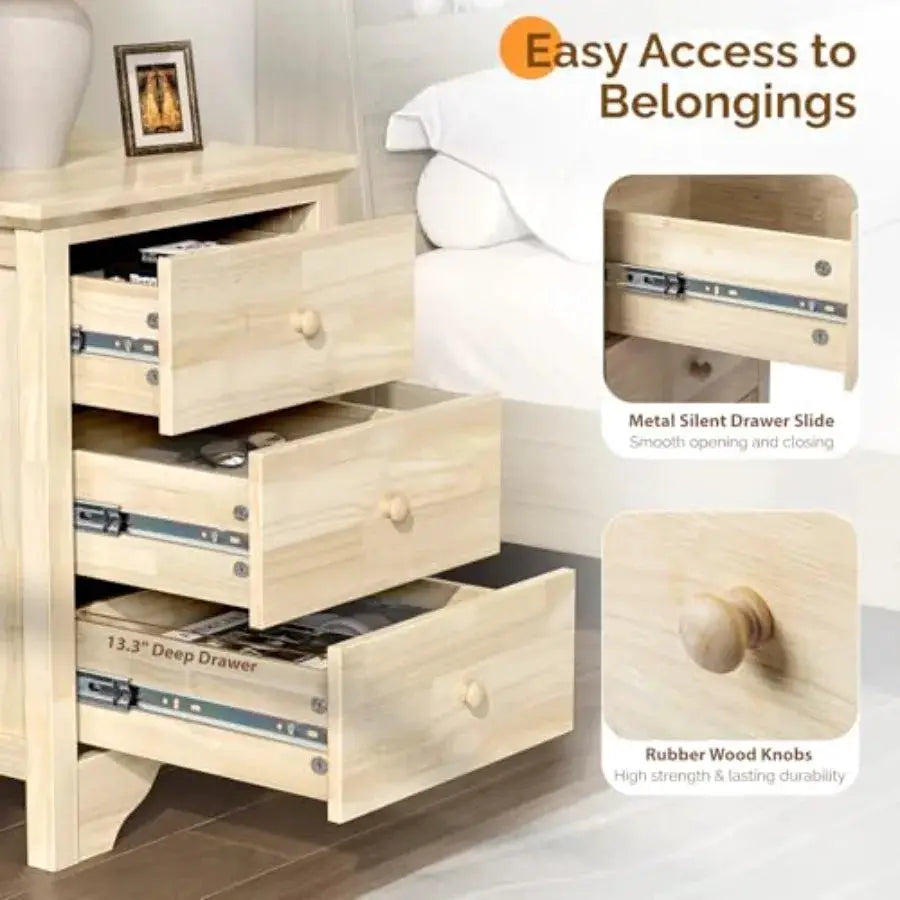 Unfinished Solid Wood Nightstand 18.54 W with Charging Station and Drawers Natural Wood Bed Side Table for Bedroom DIY Color Cu from PriceLows™