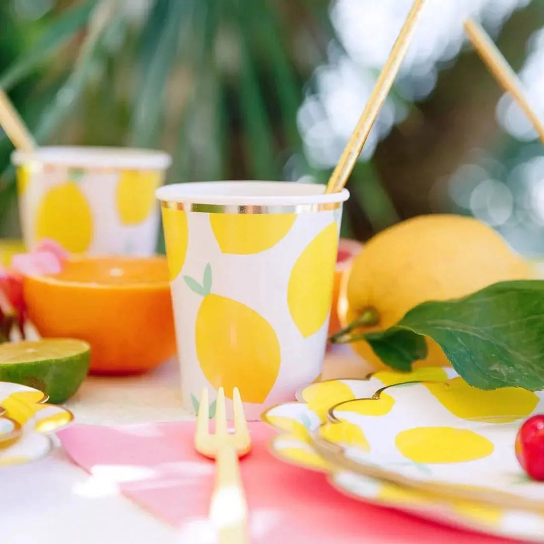 Lemon Disposable Party Tableware Set | Brown Paper Cups Plates Cake Toppers