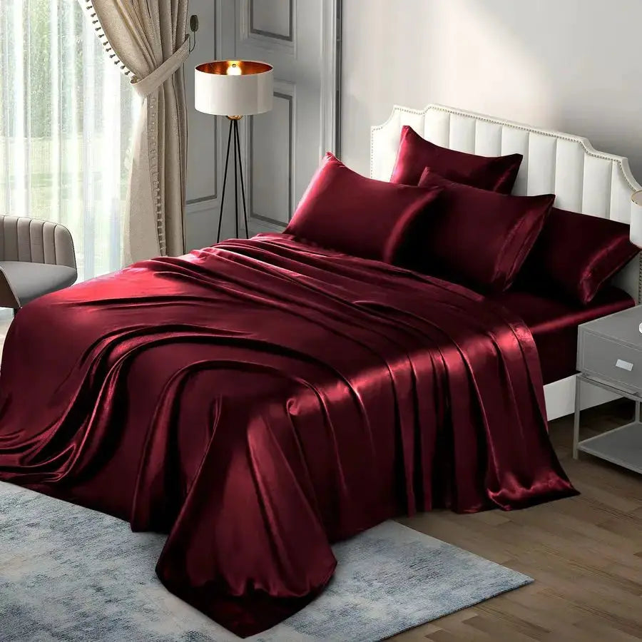 6 Pieces King Satin Sheets Luxury Silky Burgundy Satin Bedding Sheet Set, 1 Deep Pocket Fitted Sheet 1 Flat Sheet 4 Pillow Cases from PriceLows™