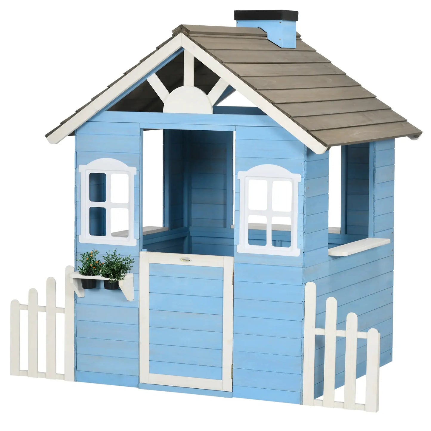 Outsunny Playhouse for Kids Outdoor, Country Style Wooden Playhouse with Flower Pot Holders, Working Door, Windows from PriceLows™