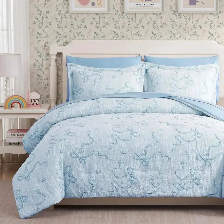 Light Blue Twin Comforter Set for Girls 5 Pieces Bowknot Jacquard Bed in A Bag Twin Bedding Sets with Sheets, Pillowcases amp Sh from PriceLows™
