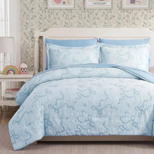 Light Blue Twin Comforter Set for Girls 5 Pieces Bowknot Jacquard Bed in A Bag Twin Bedding Sets with Sheets, Pillowcases amp Sh from PriceLows™
