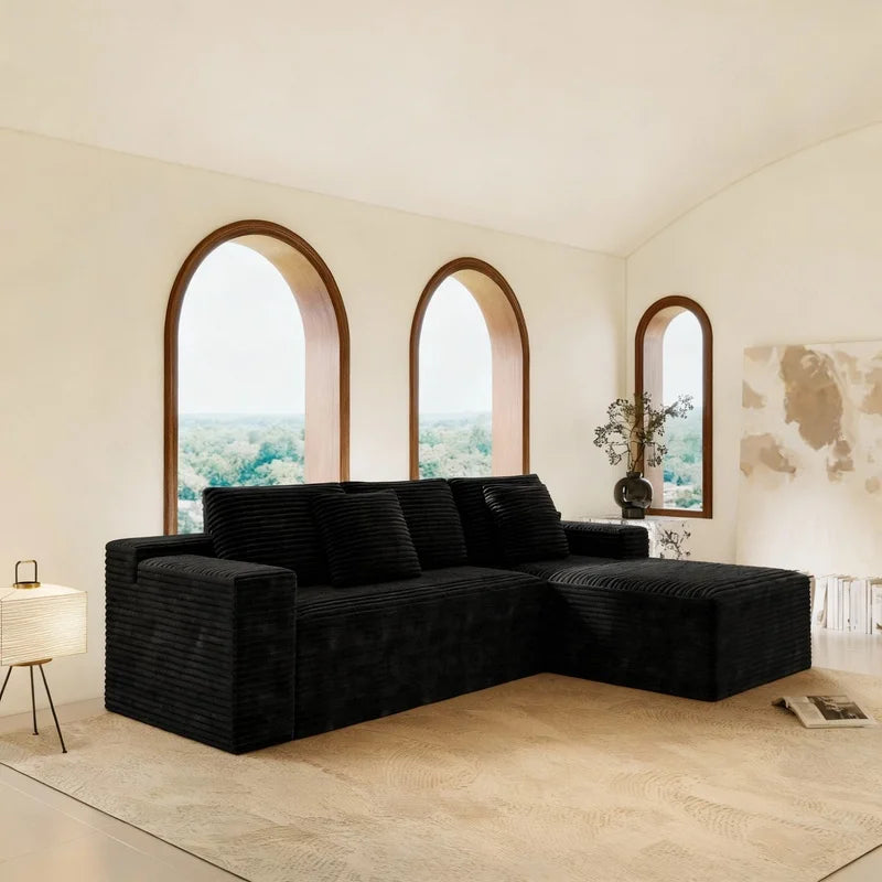 Modular Sectional Sofa | Plush Corduroy Fabric | Black | 2-Piece Configuration