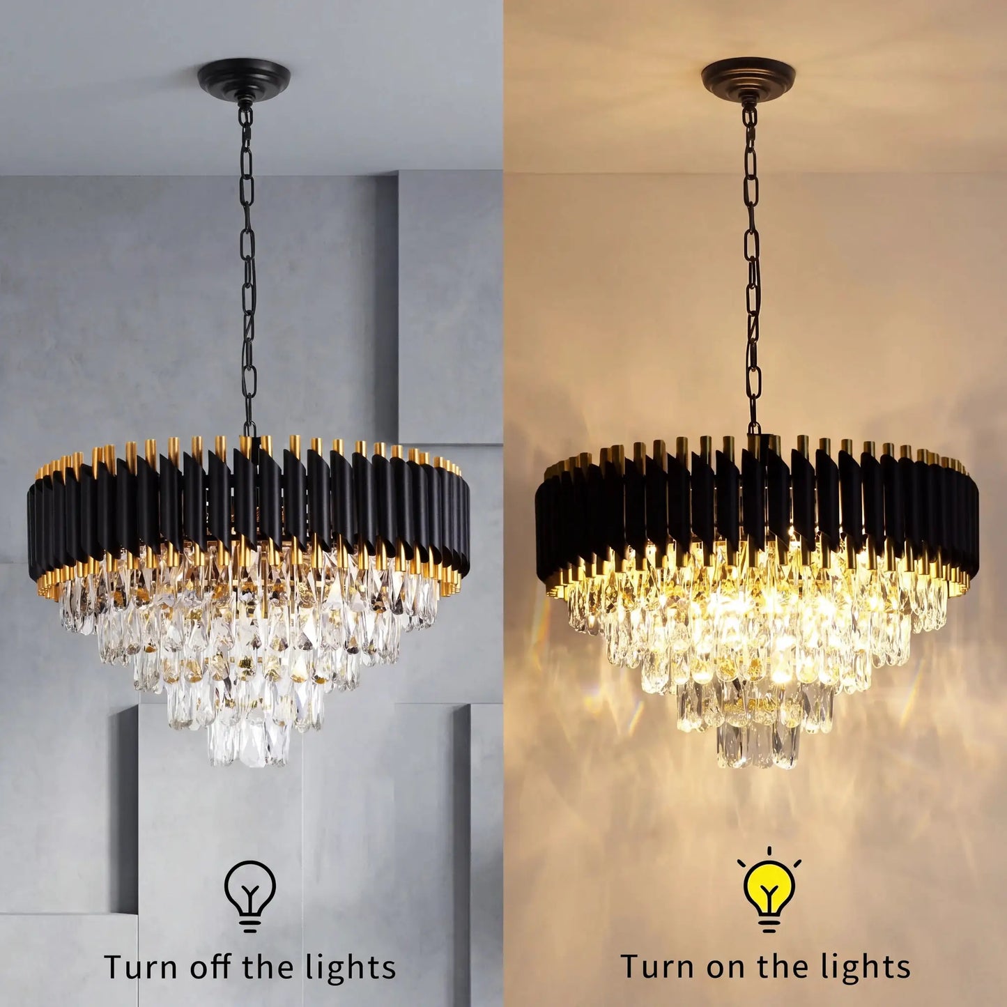 Modern Black & Gold Crystal Chandelier, Dimmable 5-Tier Round K9 Crystal Chandelier for Kitchen Island/Living Room/Bedroom from PriceLows™