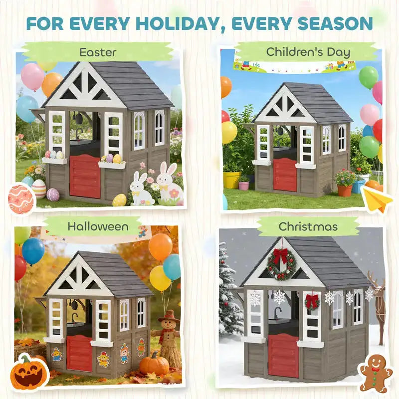 Qaba Outdoor Playhouse, Wooden Kids Playhouse with Dog Door, Flower Box, Cookware & Window for Garden Ages 2+, Gray from PriceLows™