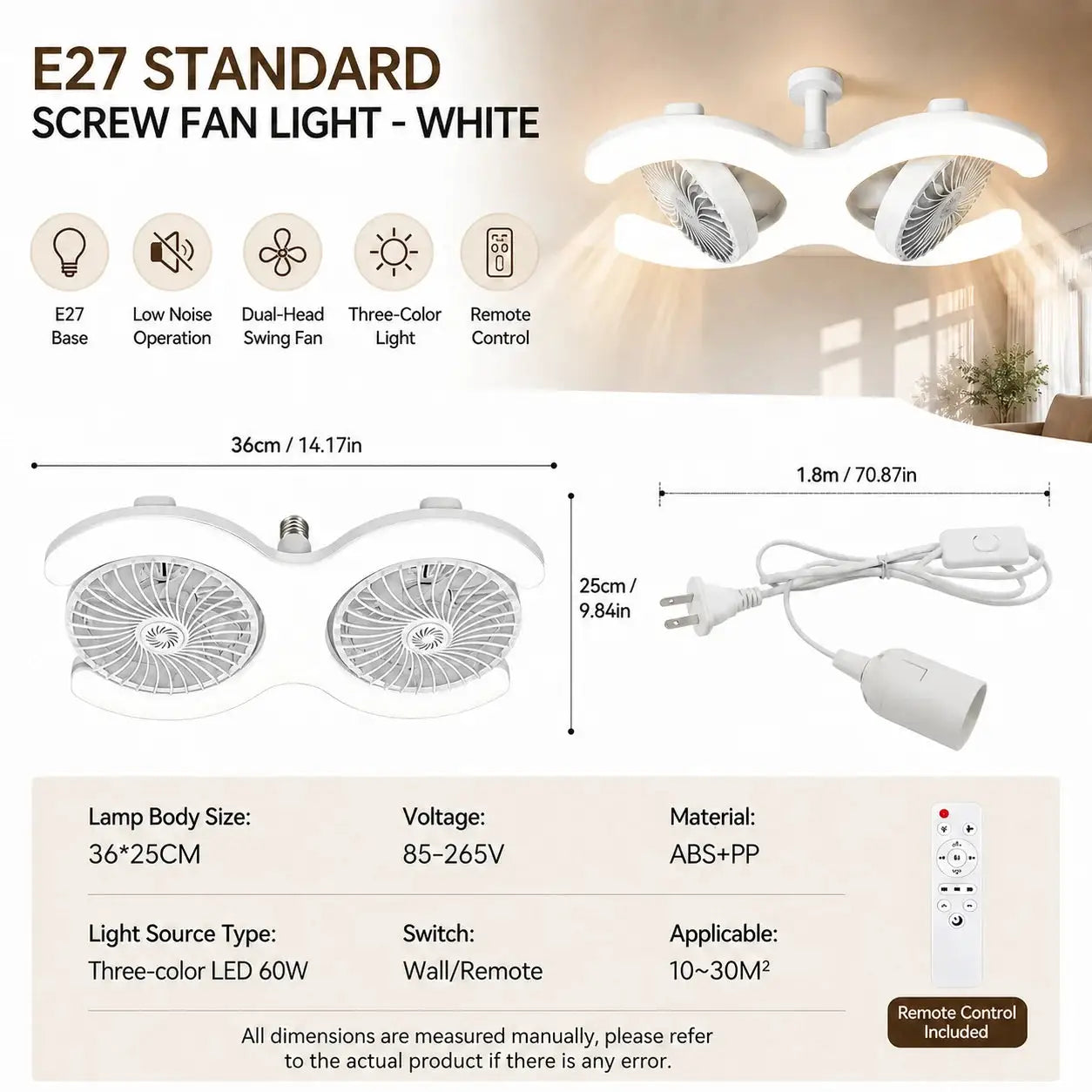 LED Ceiling Fan Light | 60W LED | Remote Control E27 Socket