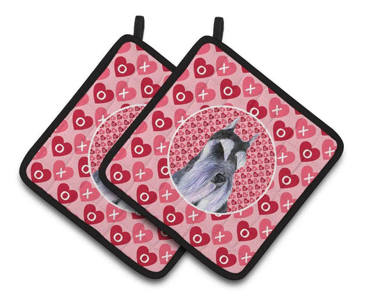Pot Holder Set of 2 | Heat Resistant Quilted Hot Pads | 7.5 x 7.5 Inch | Schnauzer Hearts Love and Valentine's Day Portrait