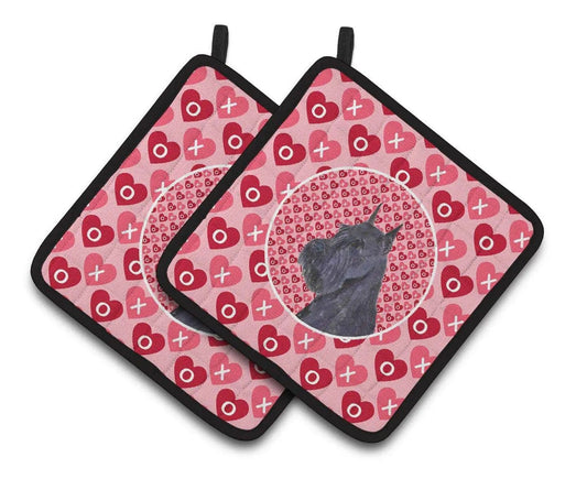 Pot Holder Set of 2 | Heat Resistant Quilted Hot Pads | 7.5 x 7.5 Inch | Schnauzer Hearts Love and Valentine's Day Portrait (Style 2)