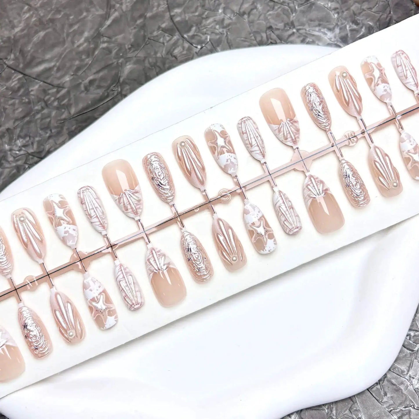 Press On Nails | 3D Seashell Design | Almond Shape | 24 Piece Set
