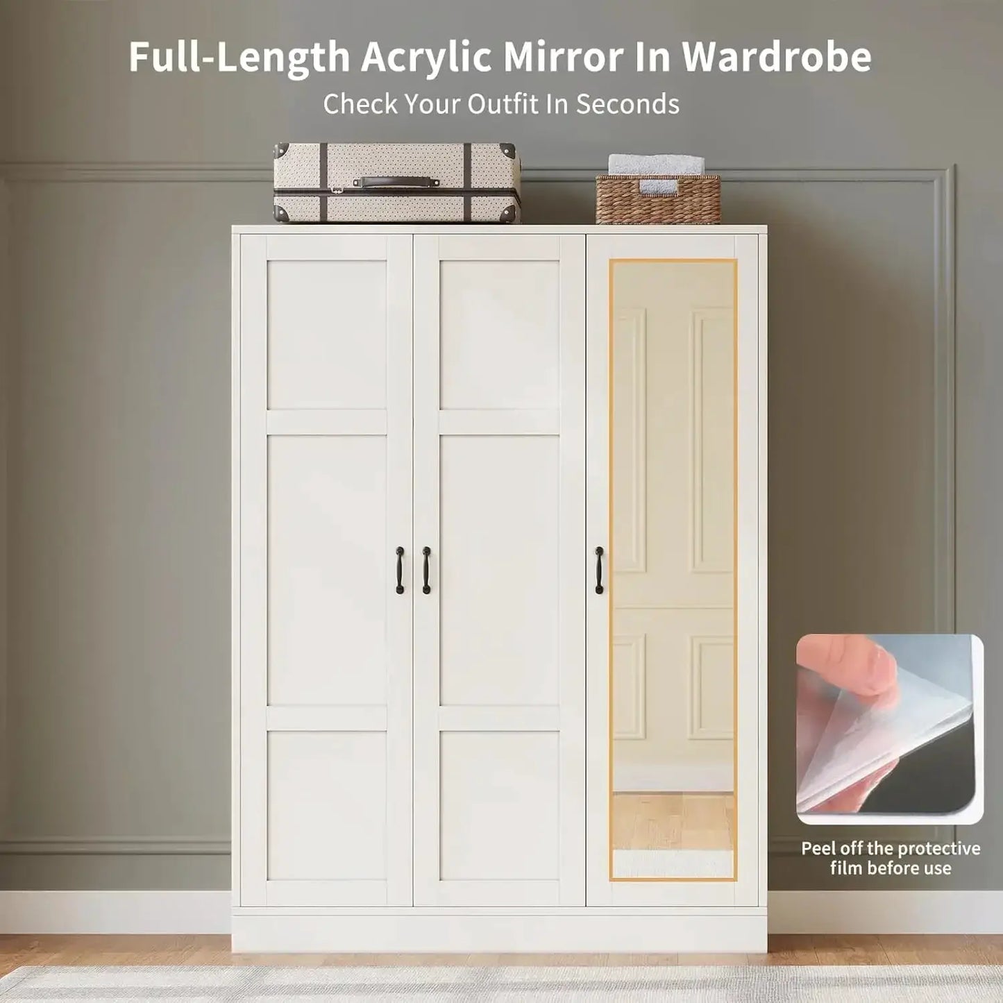 3-Door Armoire with Full-Length Mirror, Adjustable Shelves & Hanging Rod, Freestanding Storage Cabinet for Bedroom, White from PriceLows™