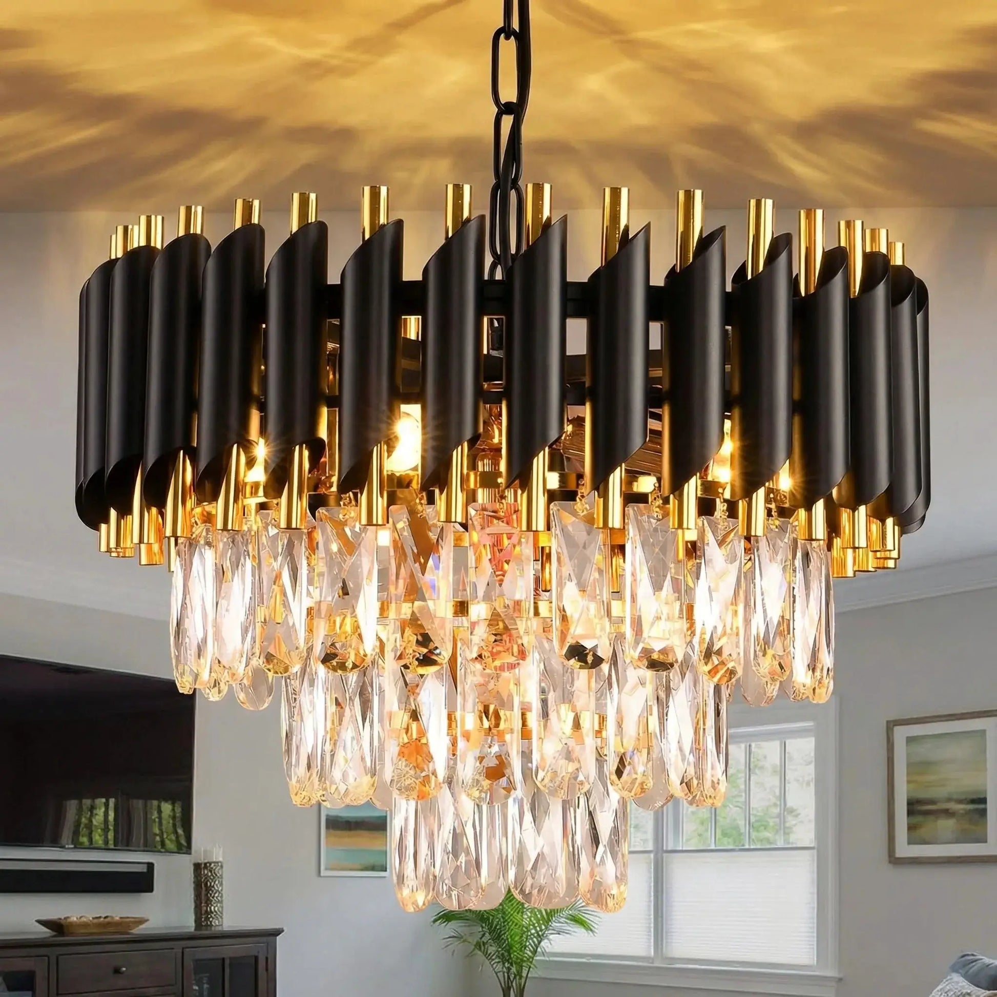 Modern Black and Gold Crystal Chandelier, Adjustable Chain Hanging Ceiling Light Fixture - dining room/living room/bedroom/foyer from PriceLows™