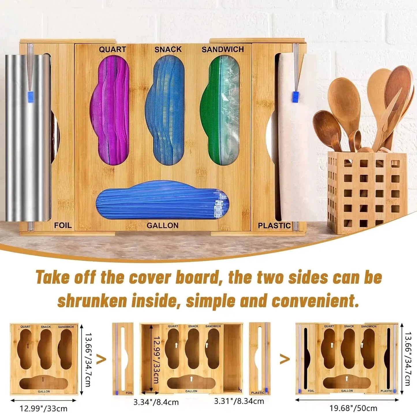 Bamboo Kitchen Organizer | Wrap and Foil Dispenser | Wall Mount Drawer | 65 Bags