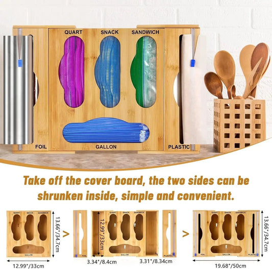 Bamboo Kitchen Organizer | Wrap and Foil Dispenser | Wall Mount Drawer | 65 Bags