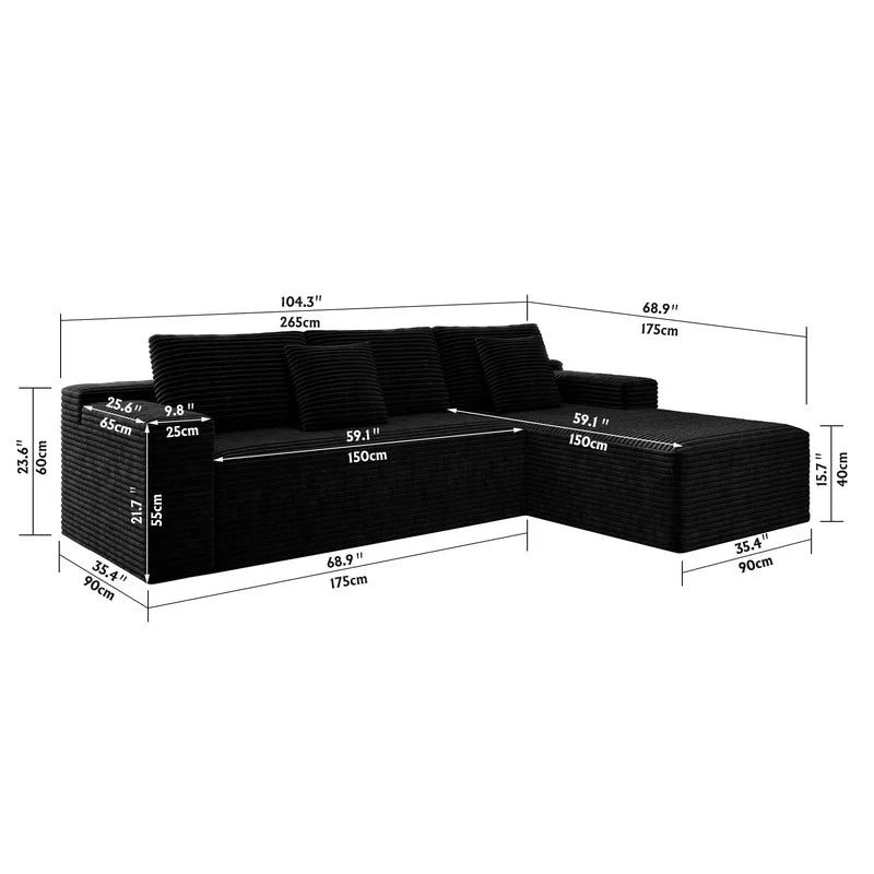 Modular Sectional Sofa | Plush Corduroy Fabric | Black | 2-Piece Configuration