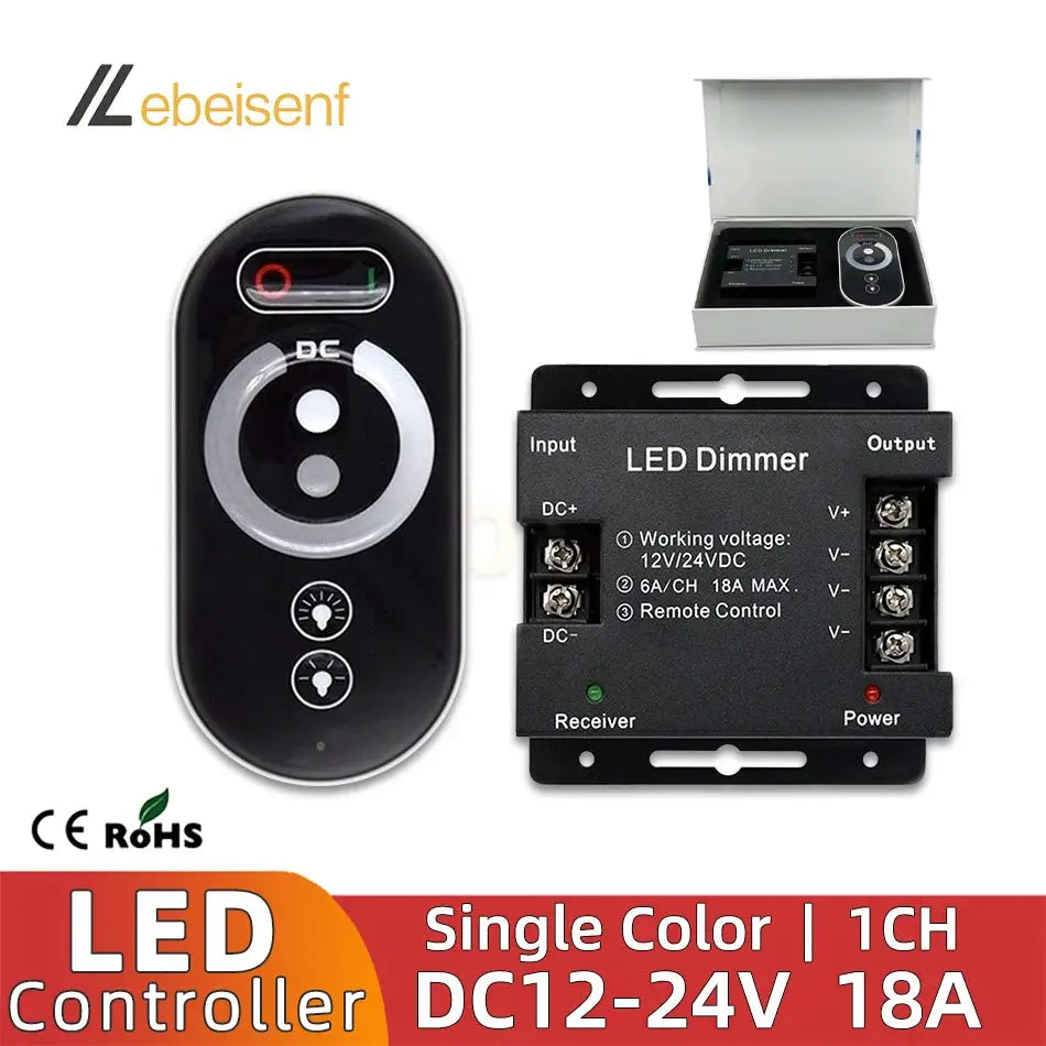 RF LED Single Color Strip Light Controller 12V 24V DC 18A 1 Channel PWM Lamp Signal Dimmer Full Touch Wireless Remote Control from PriceLows™
