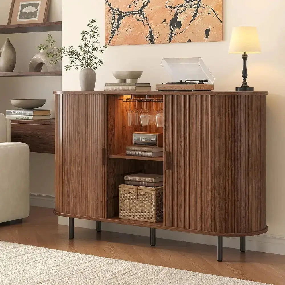 55 Walnut Modern Wine & Liquor Cabinet with LED Lighting, Storage, and Charging Station from PriceLows™