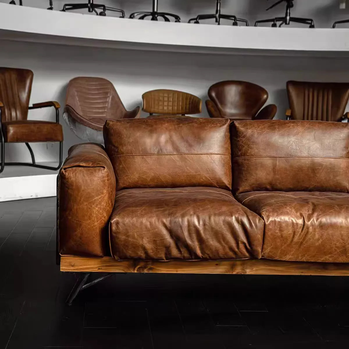 Leather Sofa | Oil-Waxed Genuine Leather | Solid Wood Frame | Modular Villa Sofa