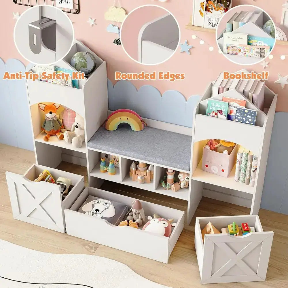 White Kids Castle-Shaped Bookshelf with Reading Nook, Storage, Seat Cushion, LED Lights, and 3 Movable Desks for Playroom or Bed from PriceLows™