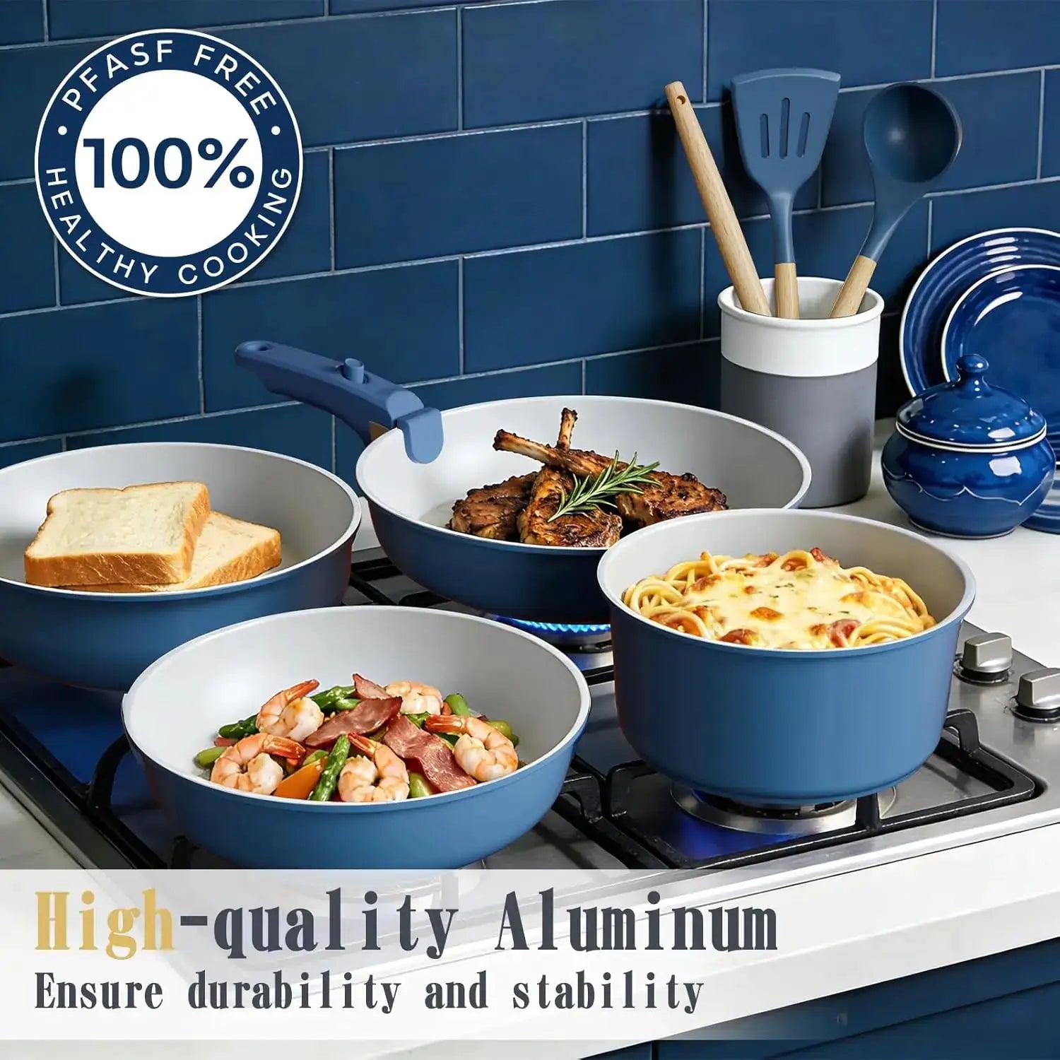 Non Stick Pots and Pans Set, 21 Pcs Ceramic Cookware with Detachable Handles, Induction Ready, Oven Safe, PFAS & PFOA Free, Navy from PriceLows™