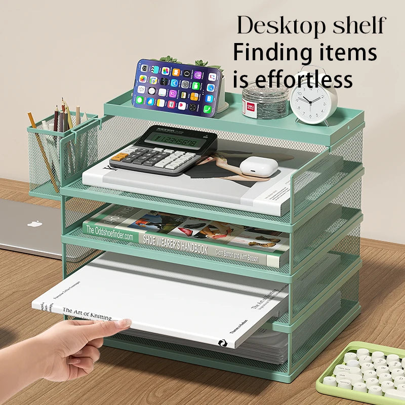 Stackable Letter Tray | 4-Tier | Green Metal | Pen Holder Included