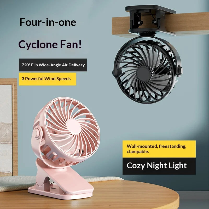 Portable Clip Fan | Rotates 720 Degrees | Night Light | Rechargeable 4W 5V