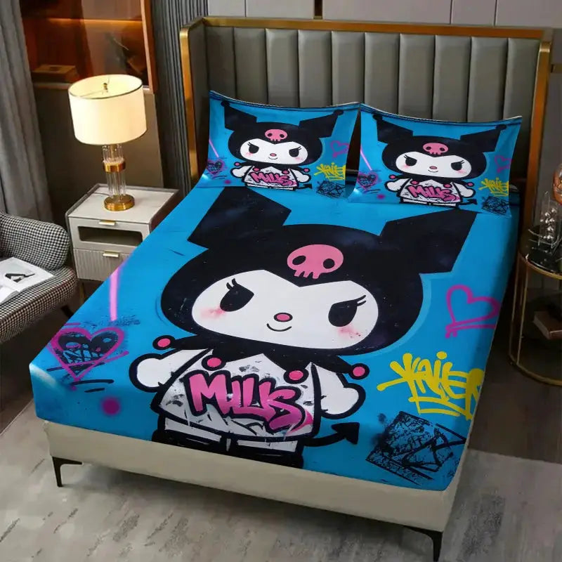 Kawaii Kuromi Cool Blue Fitted Sheet Sanrio Graffiti Print Bed Sheet Set with Pillowcases Anime Edgy Bedding Mattress Cover from PriceLows™