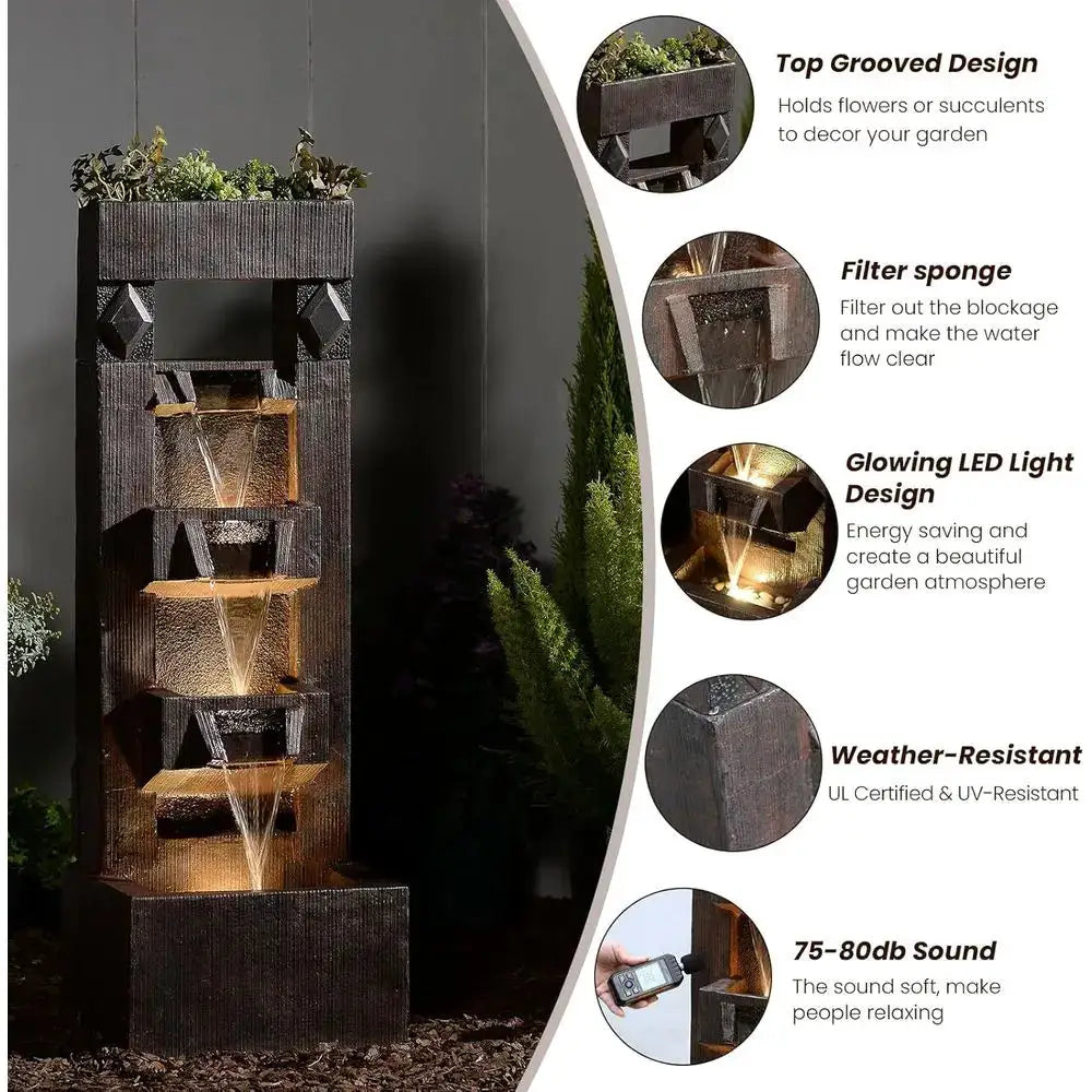 40.9 4-Tier Modern Outdoor Water Fountain with LED Lights, Suitable for Garden, Patio, Yard (Brown) from PriceLows™