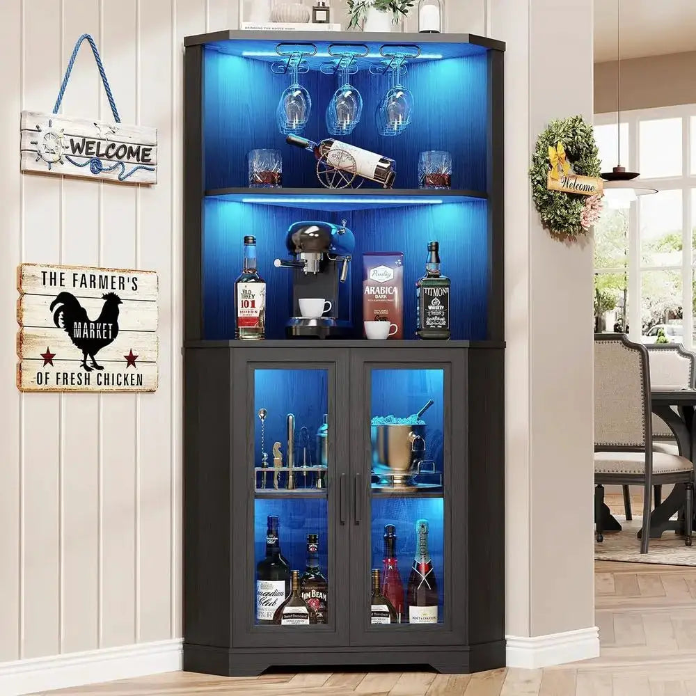 65 Tall LED-lit Wine Cabinet with Glass Holder and Tempered Glass Door for Bar or Dining Room, Black from PriceLows™