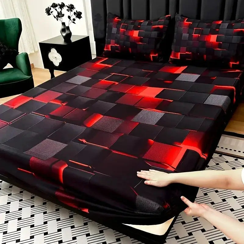 3pcs Cool Technology Digital Printing Material Plaid Fitted Sheet(1pc Bed Sheet+2pcs Pillowcase No Filling) Deep Pocket In 15 In from PriceLows™