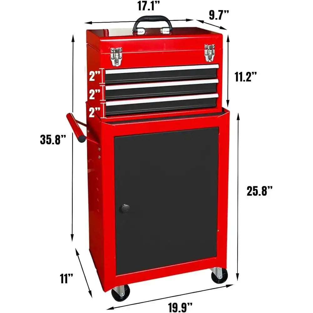 Red Black Rolling Tool Organizer, Detachable 3 Drawer Tool Chest with Large Cabinet & Adjustable Shelf for Garage Workshop from PriceLows™