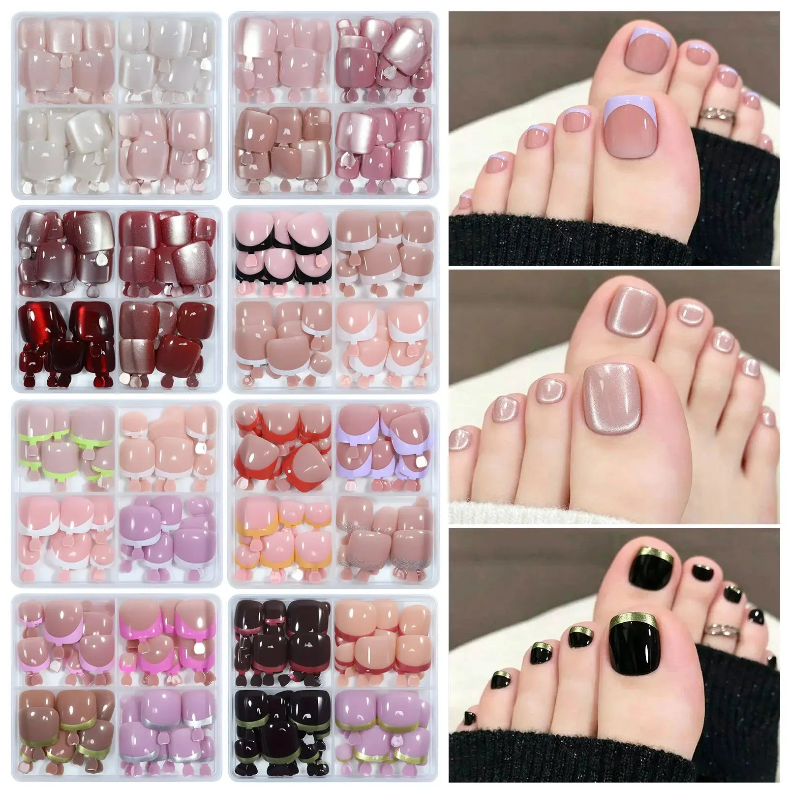 96pcs/Box French/Cat Eye Toe Nail Stickers Y2K Square Nail Tips Toe Press On Nails Pre-Designed Soft Gel Thickened Fake Toenails from PriceLows™