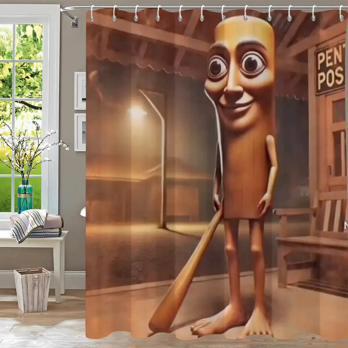 Tung Tung Tung Sahur Shower Curtain, Funny Wooden Stick Man, Meme Character Decor, Novelty Bathroom Art from PriceLows™