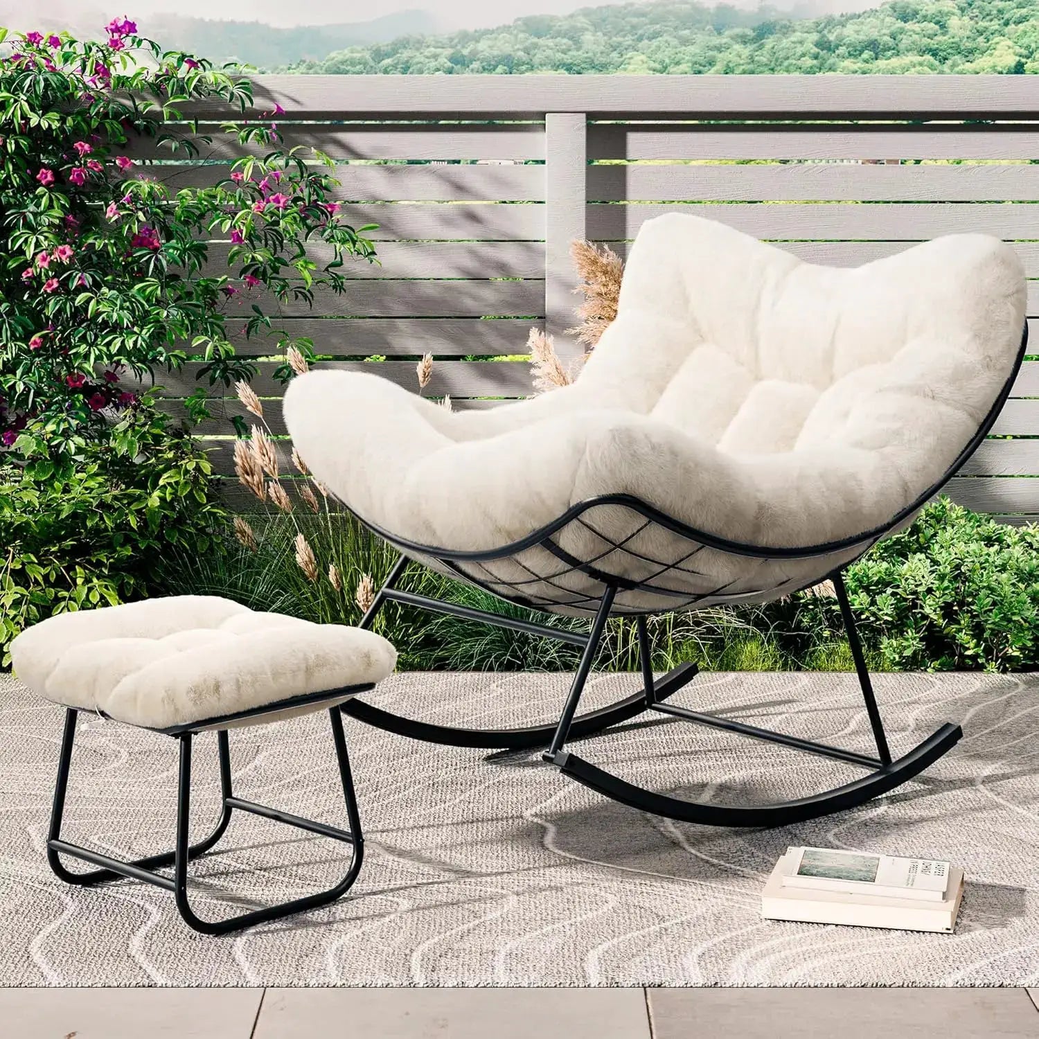 Outdoor Oversized Papasan Rocking Chair with Footrest, Patio Lounge Chair Rattan Egg Rocker for Balcony Backyard Porch Bedroom from PriceLows™