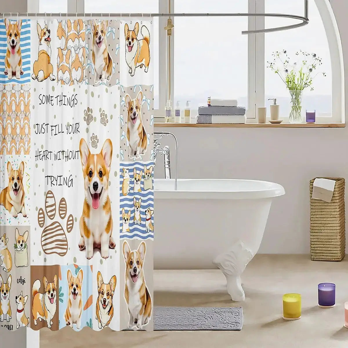 Kawaii Corgi Shower Curtain Kids Cute Dog Puppy Bath Curtain Girls Boys Women Men Buffalo Check Grid Geometric Bathroom Shower from PriceLows™