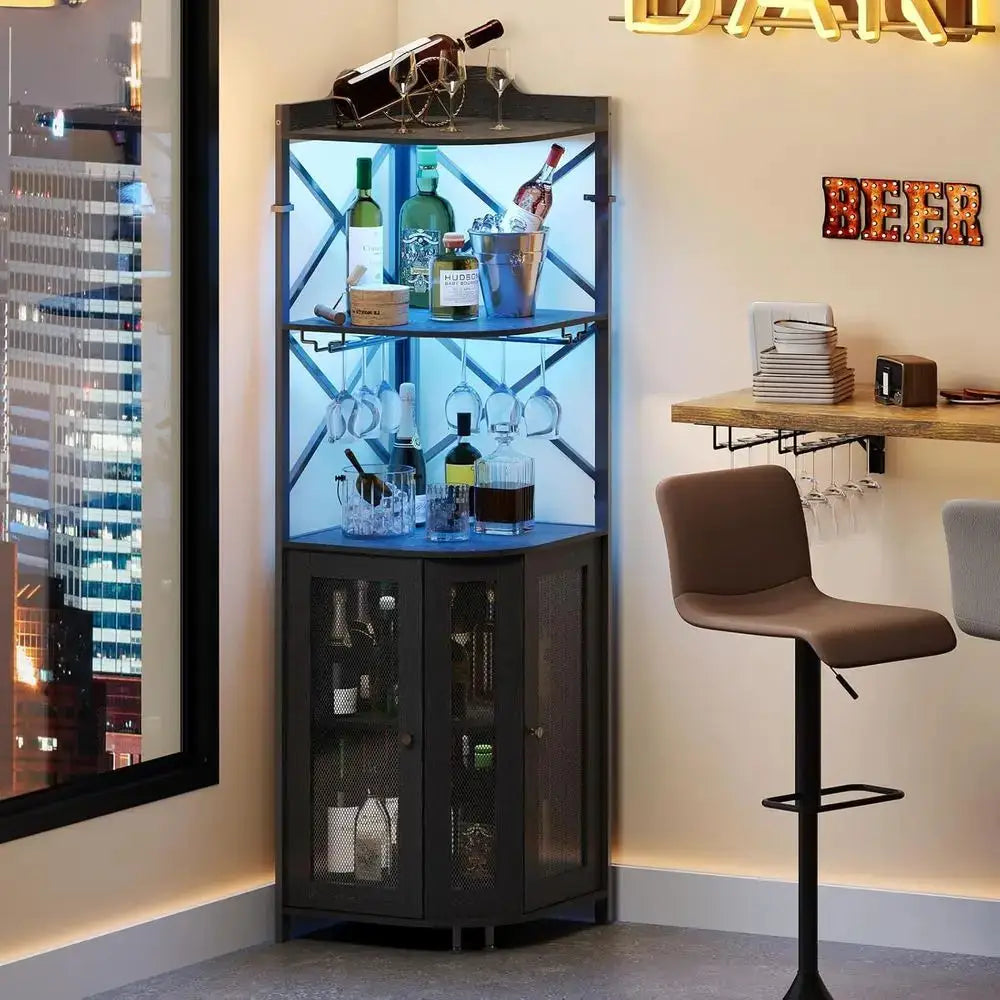 5-Tier LED-Illuminated Industrial Wine Bar Cabinet with Glass Rack and Door, Perfect for Farmhouse and Coffee Bars in Black from PriceLows™
