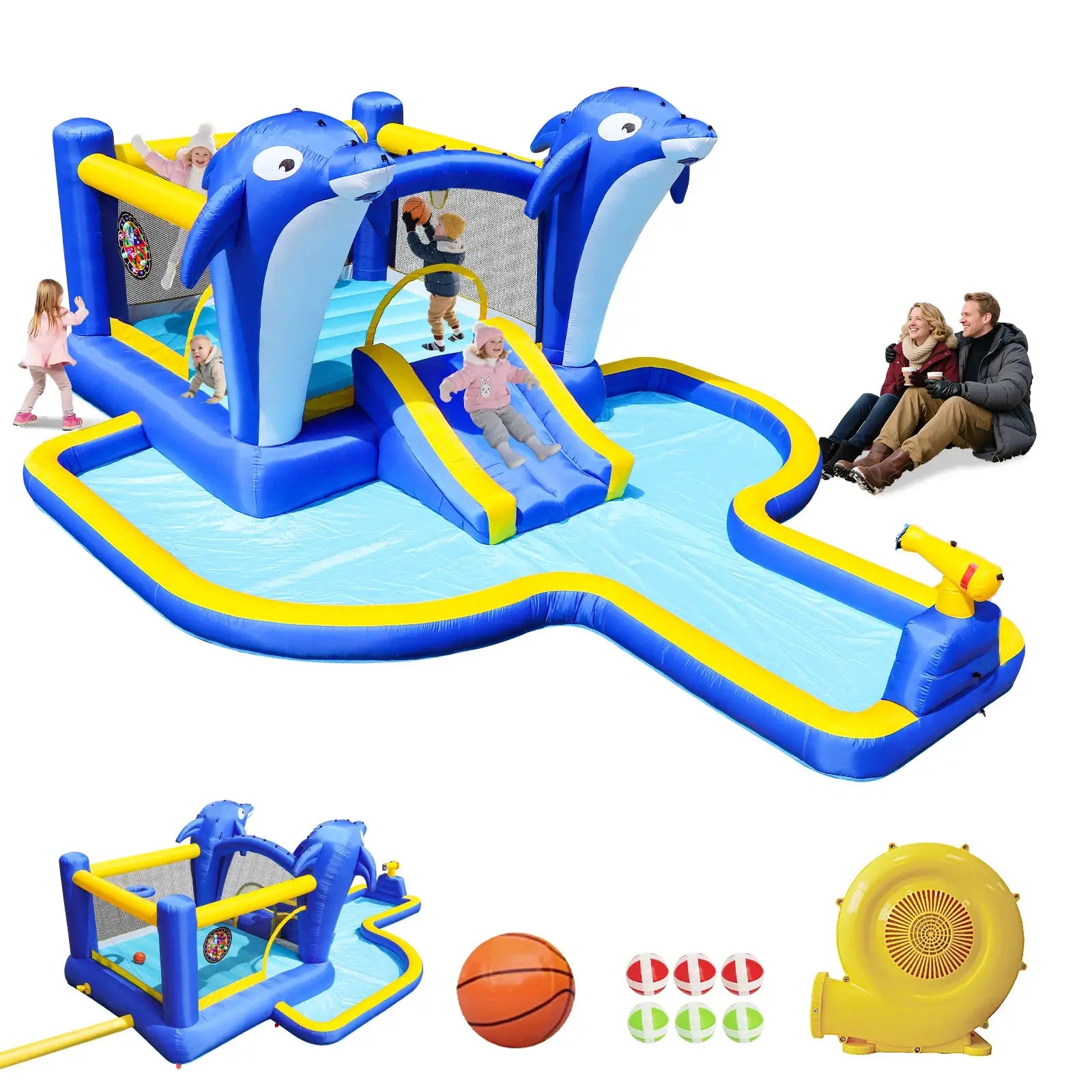 Inflatable Water Slide 8in1 Bounce House Outdoor Backyard Kids Play Center Dolphin Sprinkler Water Gun Basketball Target Games from PriceLows™