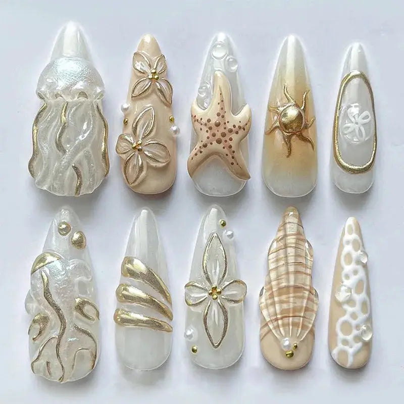 Press On Nails | 3D Seashell Design | Almond Shape | 24 Piece Set