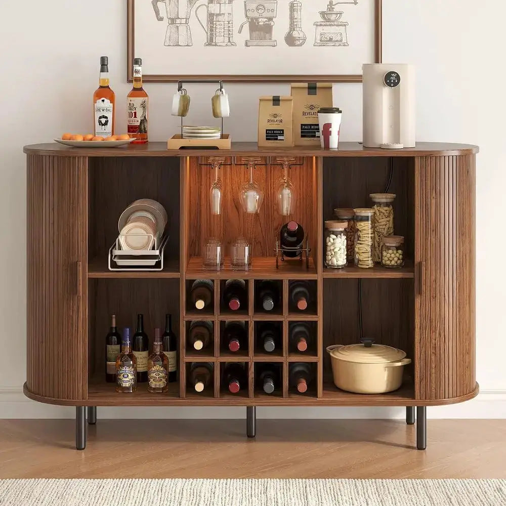 55 Walnut Modern Wine & Liquor Cabinet with LED Lighting, Storage, and Charging Station from PriceLows™