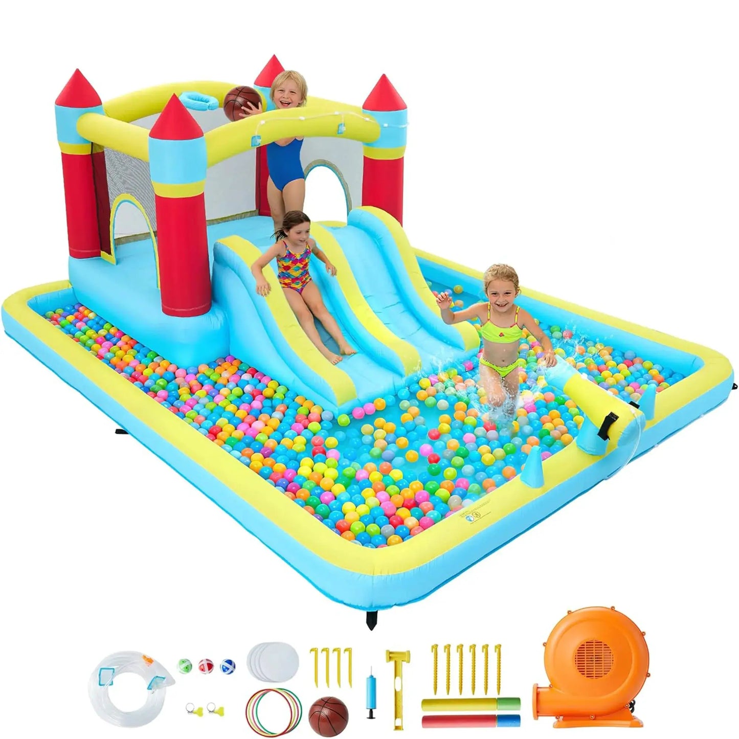 14FT Inflatable Bounce House Jump House For Kids With Slide, 350W Blower, 7-in-1 Indoor Outdoor Water Park Splash Pool from PriceLows™