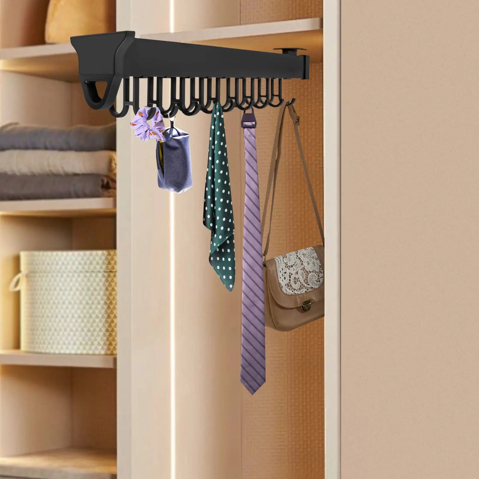 51cm Black Pull-out Storage Rack,Wall-mounted Multifunctional Pull-out Organizer 18 Hooks for Store Pots,Cutting Boards from PriceLows™