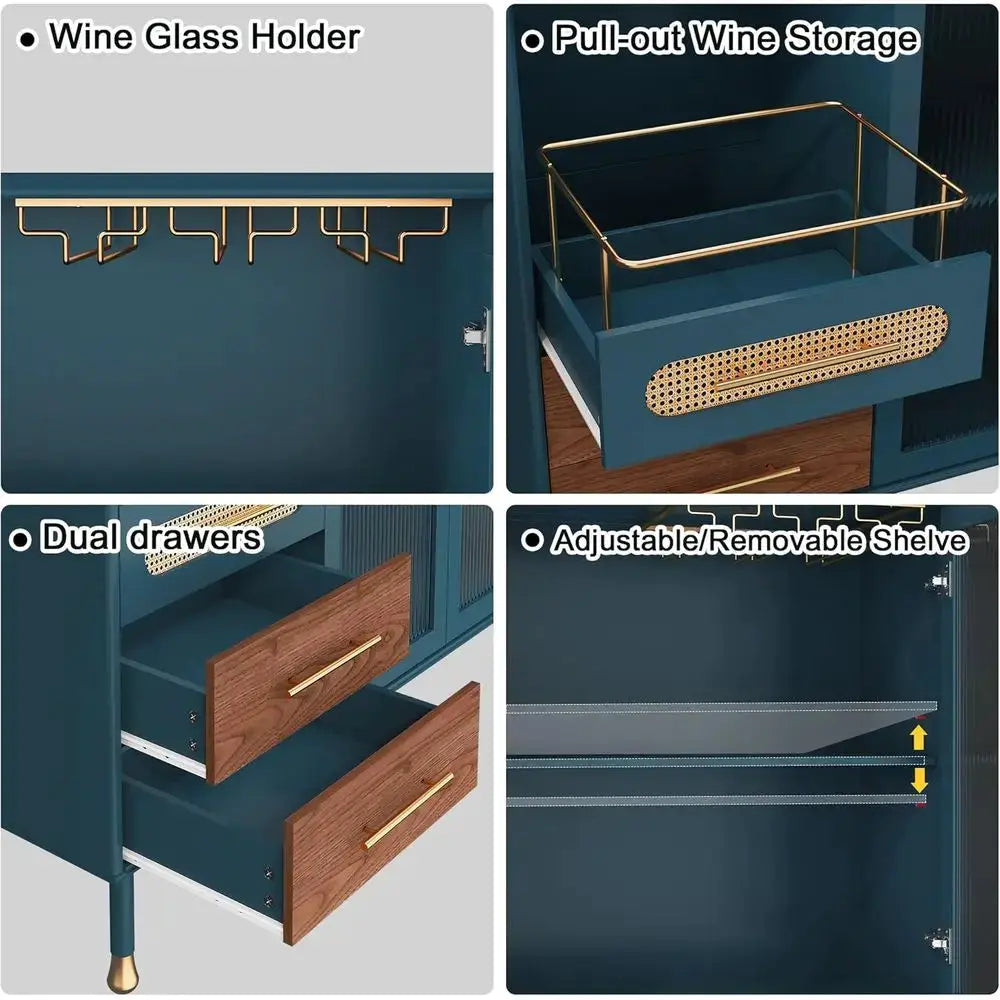 48-Inch Coffee Bar Cabinet with Wine Racks and Drawers, Blue Sideboard for Pull-Out Storage, Ideal for Home Bar Carts in Kitchen from PriceLows™