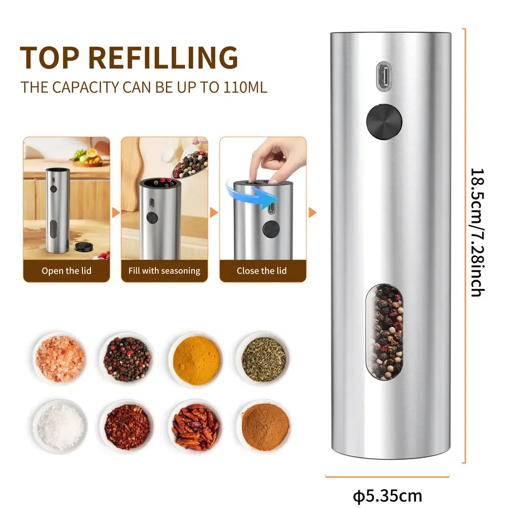 Salt And Pepper Grinder Set | USB Rechargeable | Stainless Steel | 110ml