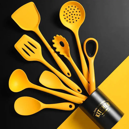 9Pcs Non-Stick Silicone Cooking Utensils Set Spatula Soup Spoon Brush Ladle Pasta Colander Kitchen Cookware Kit With Storage Box from PriceLows™