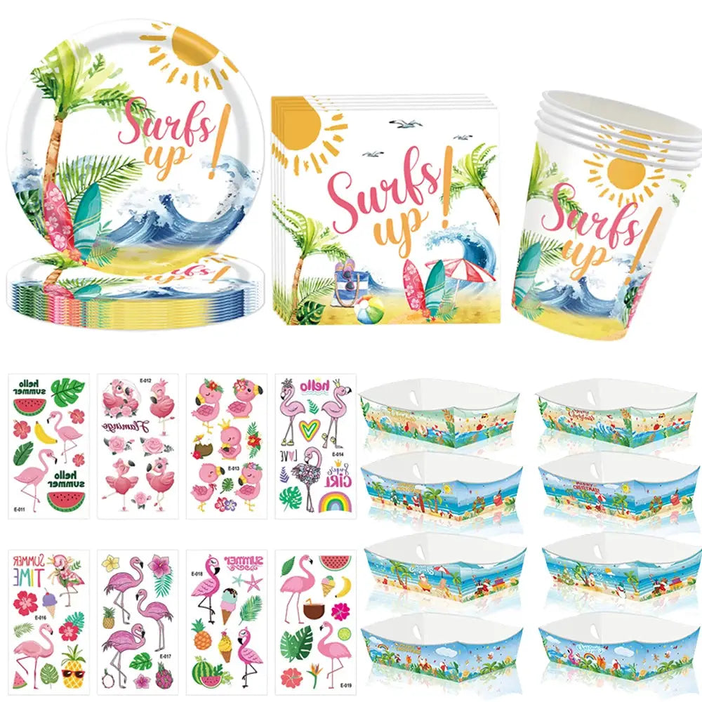 Surf Beach Party Tableware | Paper Plates Napkins Cups | Tattoos And Snack Tray