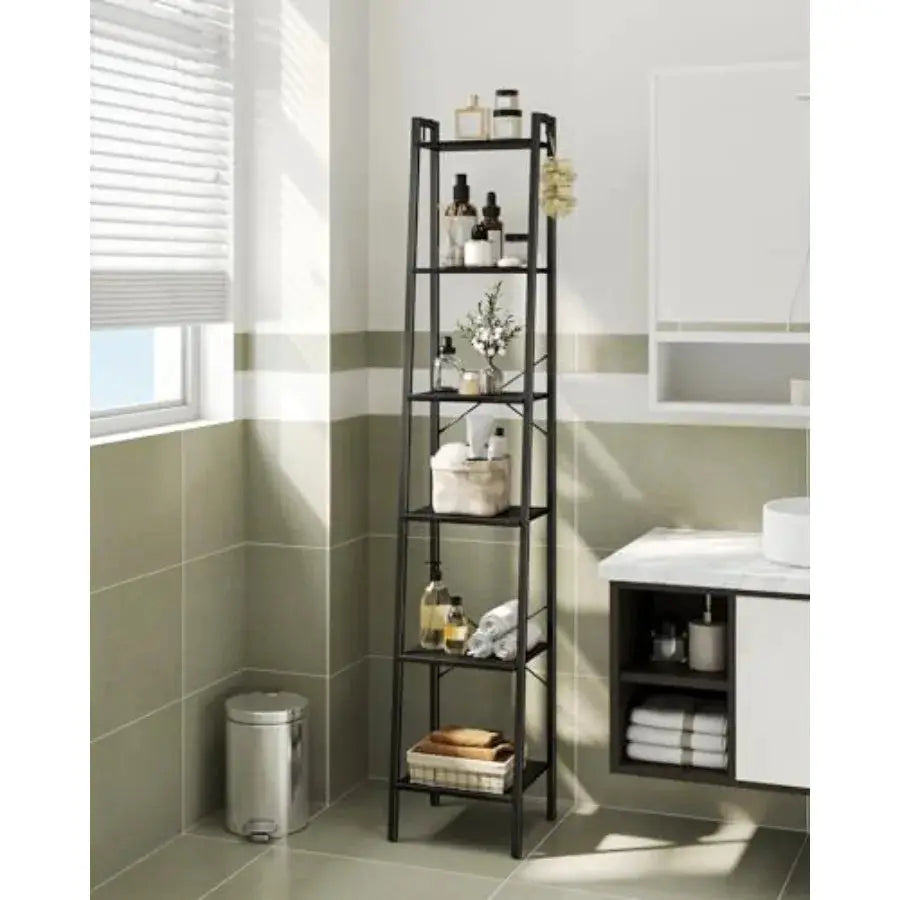 Ladder Shelf, Bookshelf Bookcase, Freestanding Corner Storage Shee with 2 Hooks for Home Office, Living Room, Kitchen, Bedroom, from PriceLows™