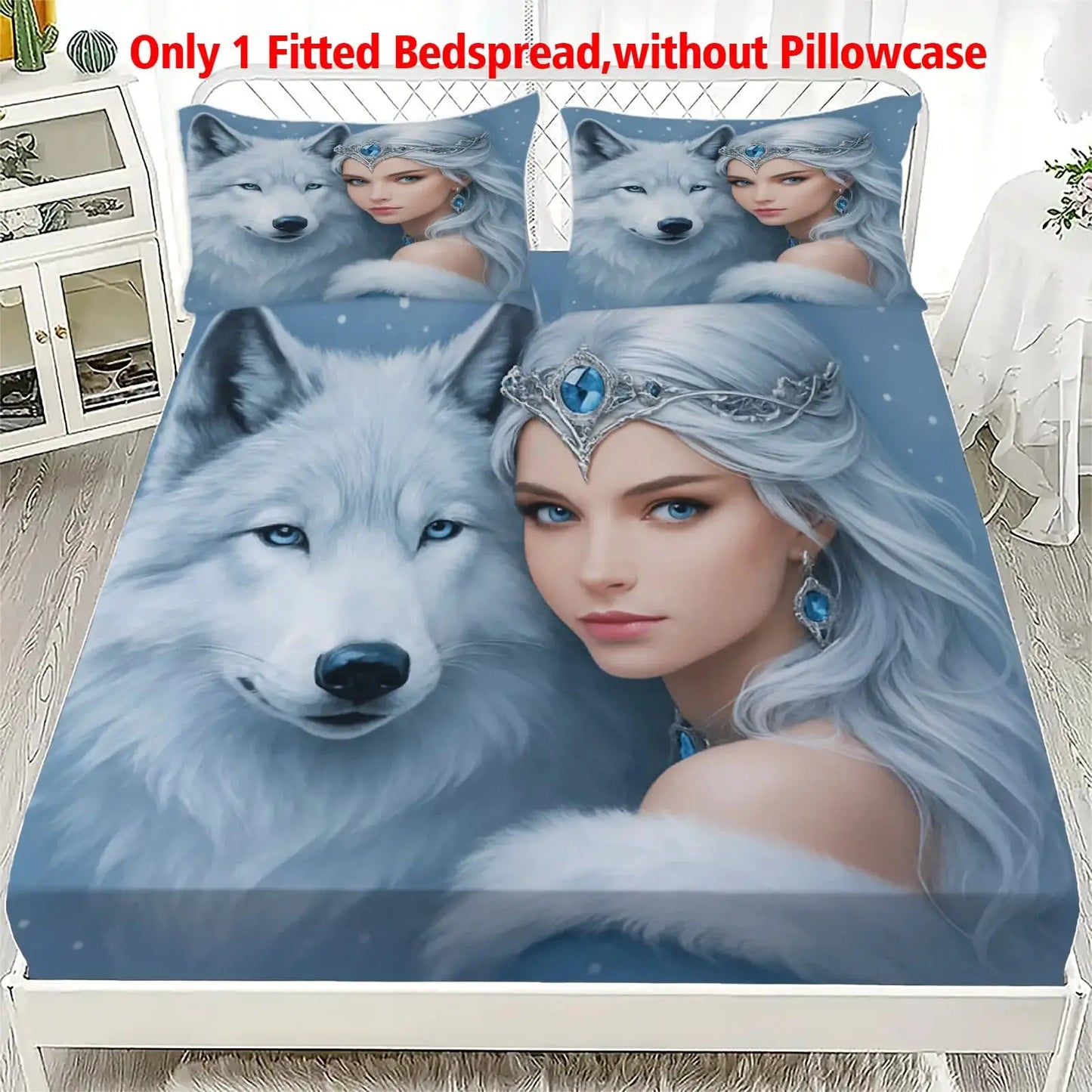 1pc Ice Princess with White Wolf Print Fitted Sheet Deep Pocket Elastic Mattress Cover Single Double Queen King Bedroom Decor from PriceLows™