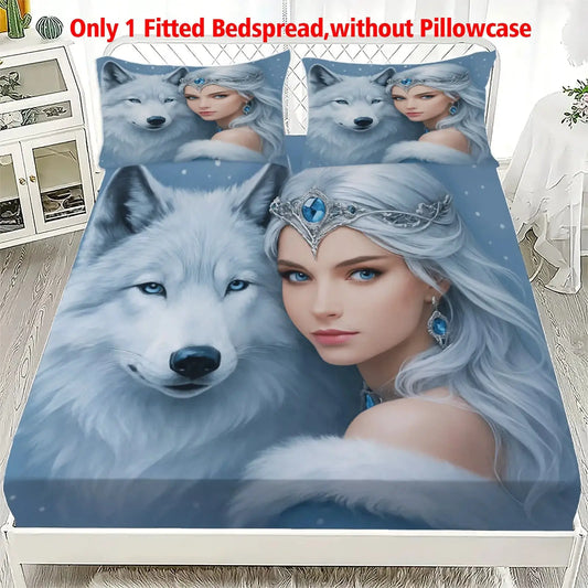 1pc Ice Princess with White Wolf Print Fitted Sheet Deep Pocket Elastic Mattress Cover Single Double Queen King Bedroom Decor from PriceLows™