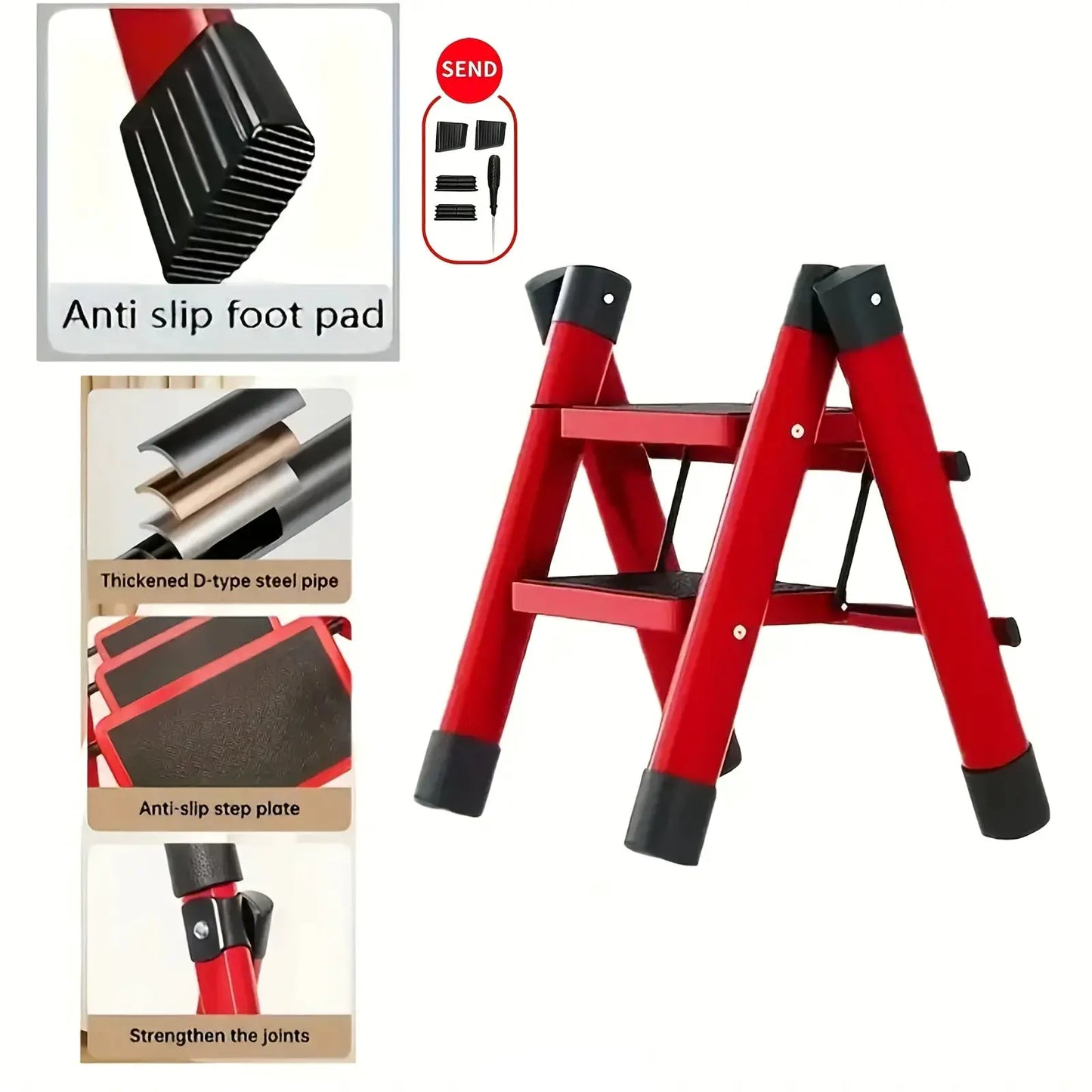 330lbs Load-bearing Folding Ladder | Heavy-duty Steel Step Stool with Anti-slip Wide Treads, Handrails, Safety Lock Design, Black And Red Color Scheme, Portable Multi-functional Ladder for Home And Kitchen Use-CVNU from PriceLows™