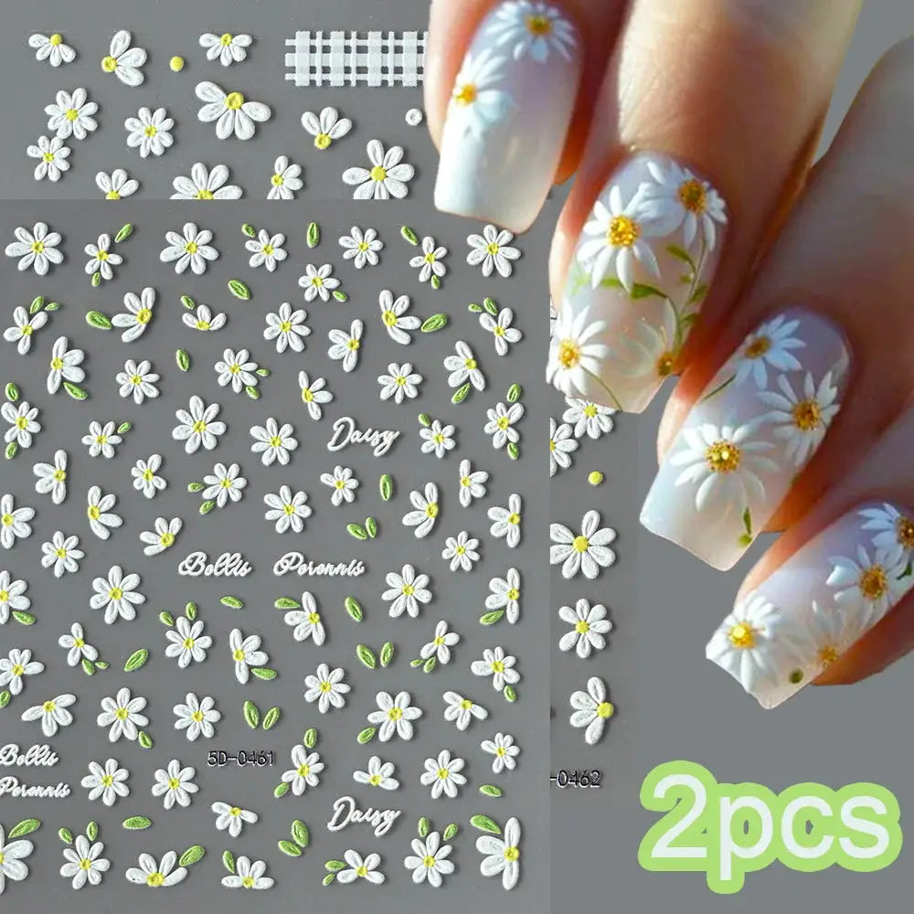 2pcs 5D White Daisy Design Nail Art Stickers Embossed Daisy Floret Green Leaf Nail Art Decals DIY Spring Summer Decor Stickers from PriceLows™